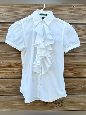 Ralph Lauren White Ruffle Front Short Sleeve Button Down Blouse/Top XS Cotton